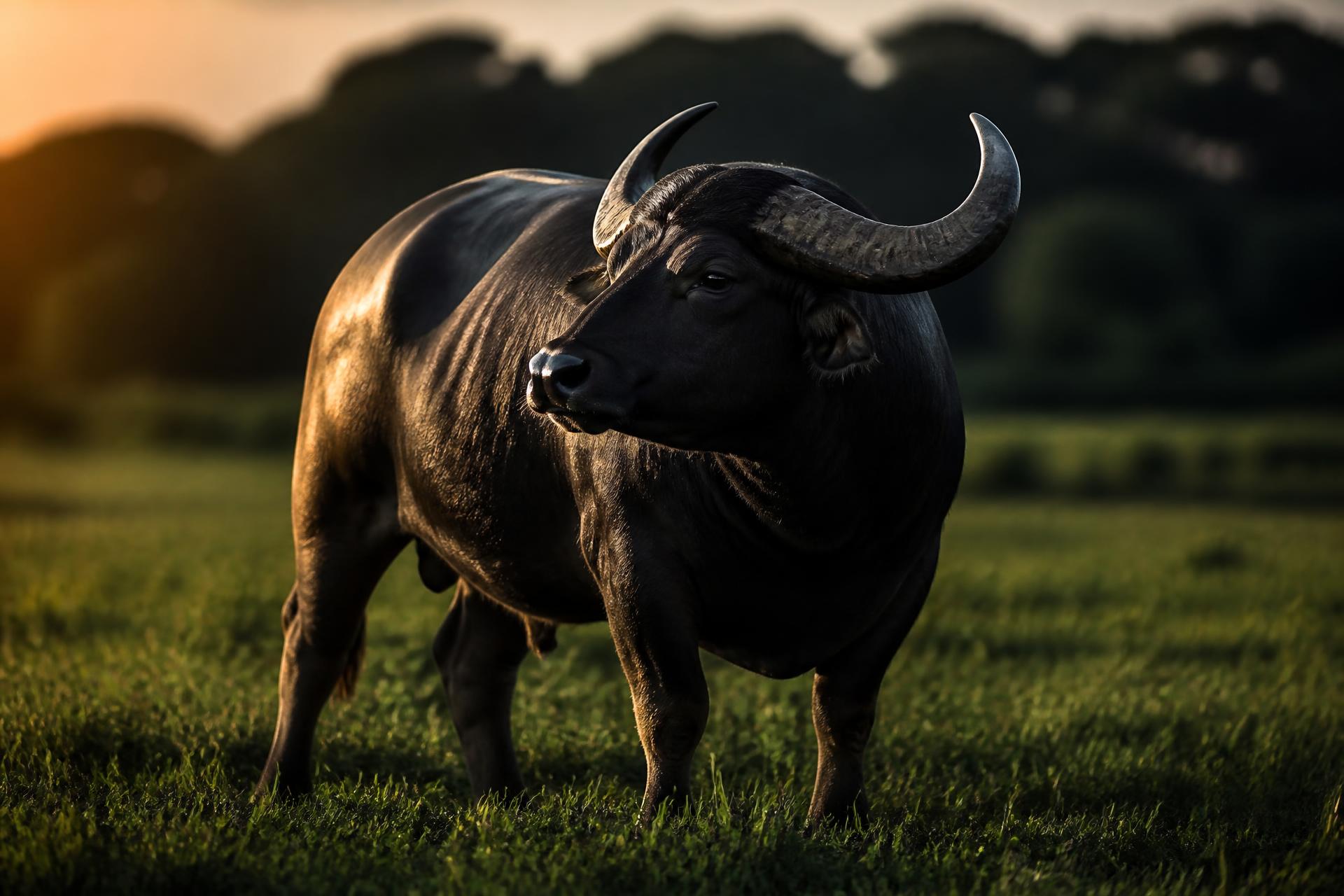 Búfalo campeón élite en pastizal al atardecer